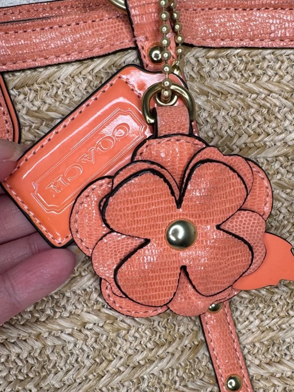 Coach Alexandra raffia with leather Coral Trim with Flower Charm & logo charm - Picture 3 of 14